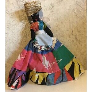 VINTAGE 1987 14" JAMAICAN CARIBBEAN FABRIC RAG  DOLL  FRUIT BASKET Handmade